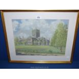 A framed and mounted coloured charcoal Drawing depicting Tewkesbury Abbey (possibly),
