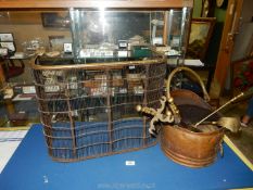 A brass and wire mesh fire guard and brass companion set plus a copper and brass coal bucket.