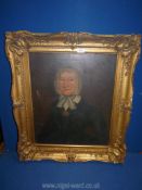An ornately framed Oil on canvas portrait of a seated lady wearing a bonnet, unsigned, a/f,