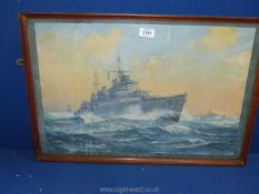 A wooden framed C.E. Turner print depicting H.M.S Sheffield. 24 3/4" x 16 3.4".