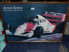 A large framed Autosport print depicting Ayrton Senna World Champion 1988, 1990, and 1991.