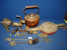 A quantity of brass and copper to include a copper kettle, bellows, horse and cart,