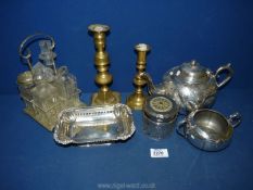 A small quantity of plated items to include; teapot, sucrier, condiments on stand, bonbon dish, etc,
