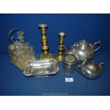 A small quantity of plated items to include; teapot, sucrier, condiments on stand, bonbon dish, etc,