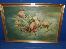 A framed oil on canvas depicting a still life of Peaches, signed to the left 'E. Parry 1914'.