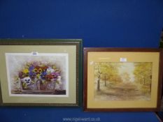 A framed and mounted print depicting a basket of Pansies signed 'Lynne',