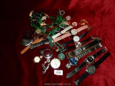 A quantity of watches including Geneva, Sekonda, Slazenger, Timex, etc, plus brooches, necklaces,