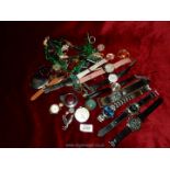 A quantity of watches including Geneva, Sekonda, Slazenger, Timex, etc, plus brooches, necklaces,