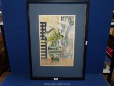 A mounted watercolour depicting a still life of a vase of Lilies on a windowsill,