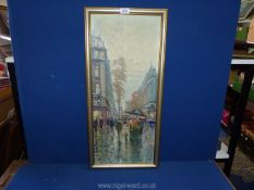 A framed oil on canvas depicting a Paris street scene, indistinctly signed lower left.