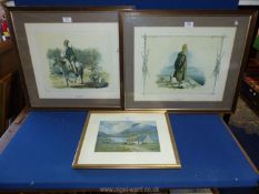 A framed and mounted print of a Scottish loch scene along with two framed and mounted coloured