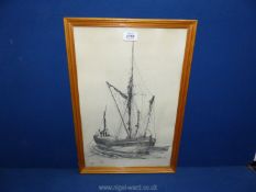 A wooden framed print of a moored sailing boat, signed lower right 'Sythes'.