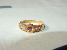 A Victorian 15ct gold seed pearl and ruby ring,