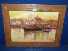 A framed Oil on canvas depicting a Continental harbour scene, signed lower right Vircilio (?),