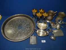 Two pewter hip flasks, two tankards, four goblets, silver plated circular tray, etc.