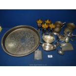 Two pewter hip flasks, two tankards, four goblets, silver plated circular tray, etc.