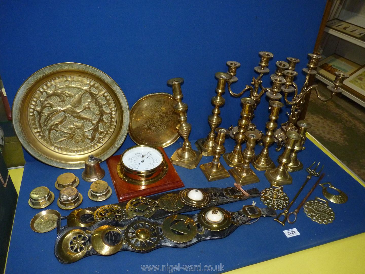 A good quantity of brass including candlesticks, candelabra, horse brasses, plate, barometer etc. - Image 2 of 2