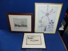 A small framed oriental watercolour of boats, hand coloured engraving of a Gosport,