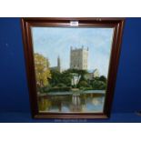 A framed oil on board depicting Tewkesbury Abbey (possibly),