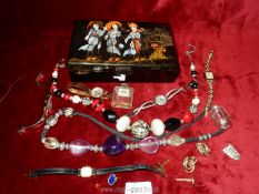 A small jewellery box and contents including ladies wristwatches, earrings, cuff links, Chanel No.