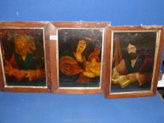 Three wooden framed paintings on glass depicting gentlemen sat writing.
