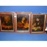 Three wooden framed paintings on glass depicting gentlemen sat writing.