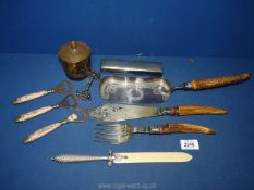 A small quantity of plated items including pewter handled paper knife, crumb tray, fish server,