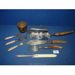 A small quantity of plated items including pewter handled paper knife, crumb tray, fish server,