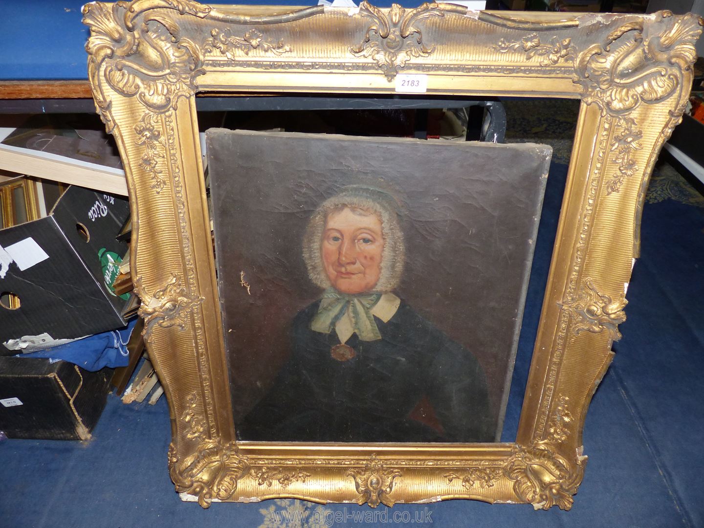 An ornately framed Oil on canvas portrait of a seated lady wearing a bonnet, unsigned, a/f, - Image 3 of 3