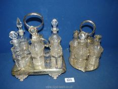 A six piece cruet on a plated stand (some bottles a/f) together with a four piece cruet.