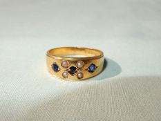 A Victorian 15ct gold seed pearl and sapphire ring,