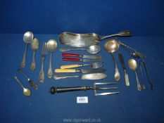 A small quantity of cutlery to include; spoons, bone handled forks, etc, plus an epns crumb tray,