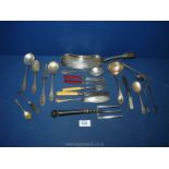 A small quantity of cutlery to include; spoons, bone handled forks, etc, plus an epns crumb tray,