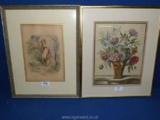 Two hand coloured prints: one of a young girl picking flowers and another of a vase of flowers.