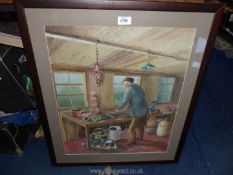 A framed and mounted Elizabeth Cross watercolour of Gardener in potting shed with dog.