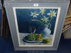 An oil on board depicting a still life of fruit and flowers, unsigned,