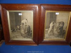 A pair of wooden framed Prints depicting a Jack Russell and cat disputing a plate of food,