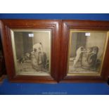 A pair of wooden framed Prints depicting a Jack Russell and cat disputing a plate of food,