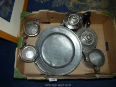 A quantity of metals including four piece silver plated tea set, pewter charger,