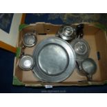 A quantity of metals including four piece silver plated tea set, pewter charger,