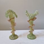 A pair of Victorian 'jack in the pulpit' vases in green glass with pink embellishment, c.