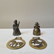 Two unusually good early Dutch lady bells and two early horse brasses; larger bell 4ins,