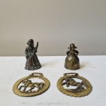 Two unusually good early Dutch lady bells and two early horse brasses; larger bell 4ins,