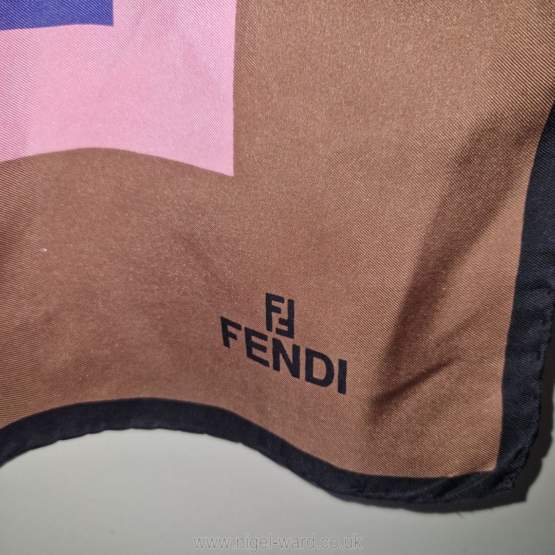 Fendi: a vintage silk Scarf with a geometric pattern in good condition, 33 ins x 34 ins. - Image 6 of 7