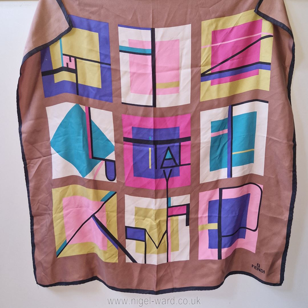 Fendi: a vintage silk Scarf with a geometric pattern in good condition, 33 ins x 34 ins. - Image 3 of 7