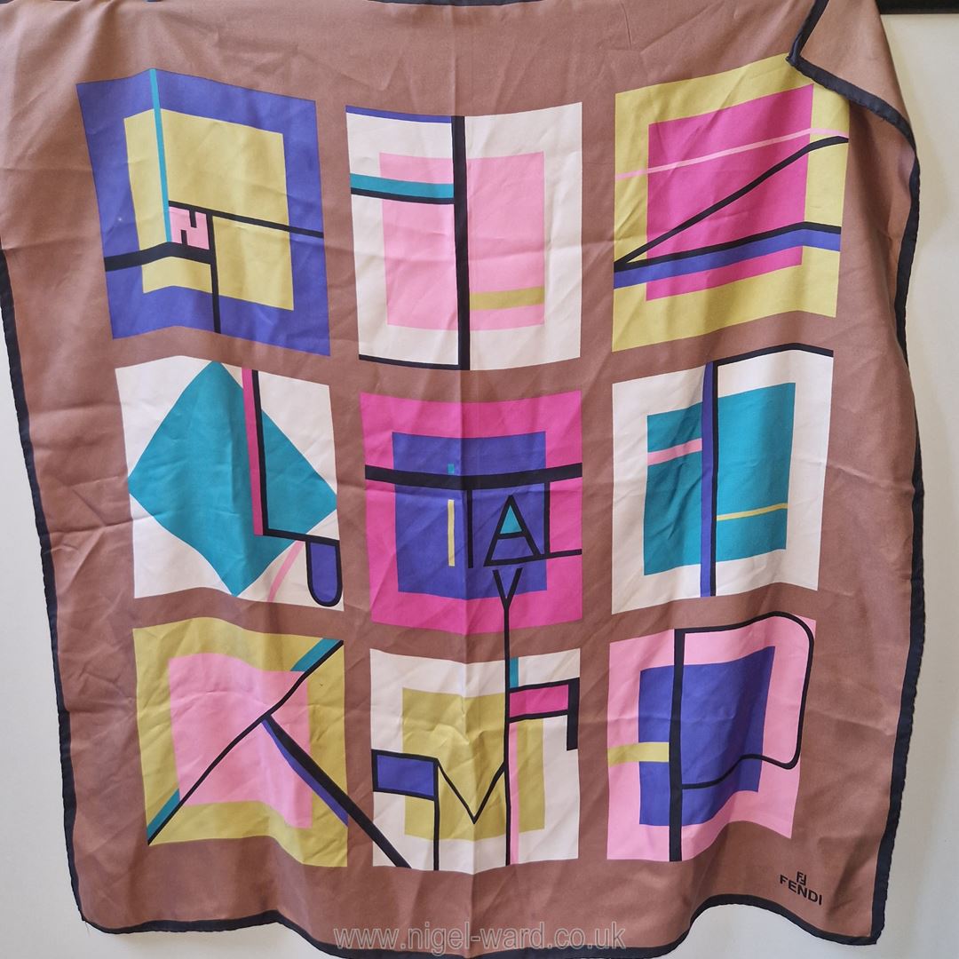 Fendi: a vintage silk Scarf with a geometric pattern in good condition, 33 ins x 34 ins. - Image 5 of 7