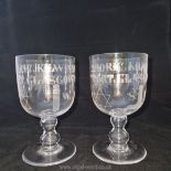 Masonic interest: A very rare pair of Victorian Scottish glass rummers- engraved 'DORIC KILWINNING