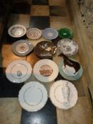 A quantity of pottery and porcelain plates, incl. Wedgwood majolica vine dish, Doulton, etc.