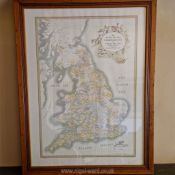 A Hampton Editions 1984 map of the foxhounds of Great Britain (showing kennels) attractively framed,