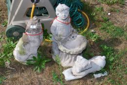 Concrete Garden figures of a child with water bowl, a wolf and a lying down dog.